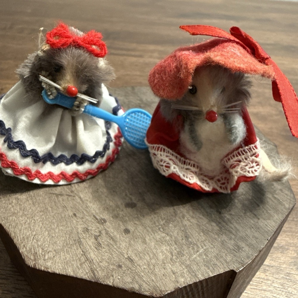 Vintage W Germany Original Fur Toy Mice Lot Tennis Racket & Southern Belle Mouse